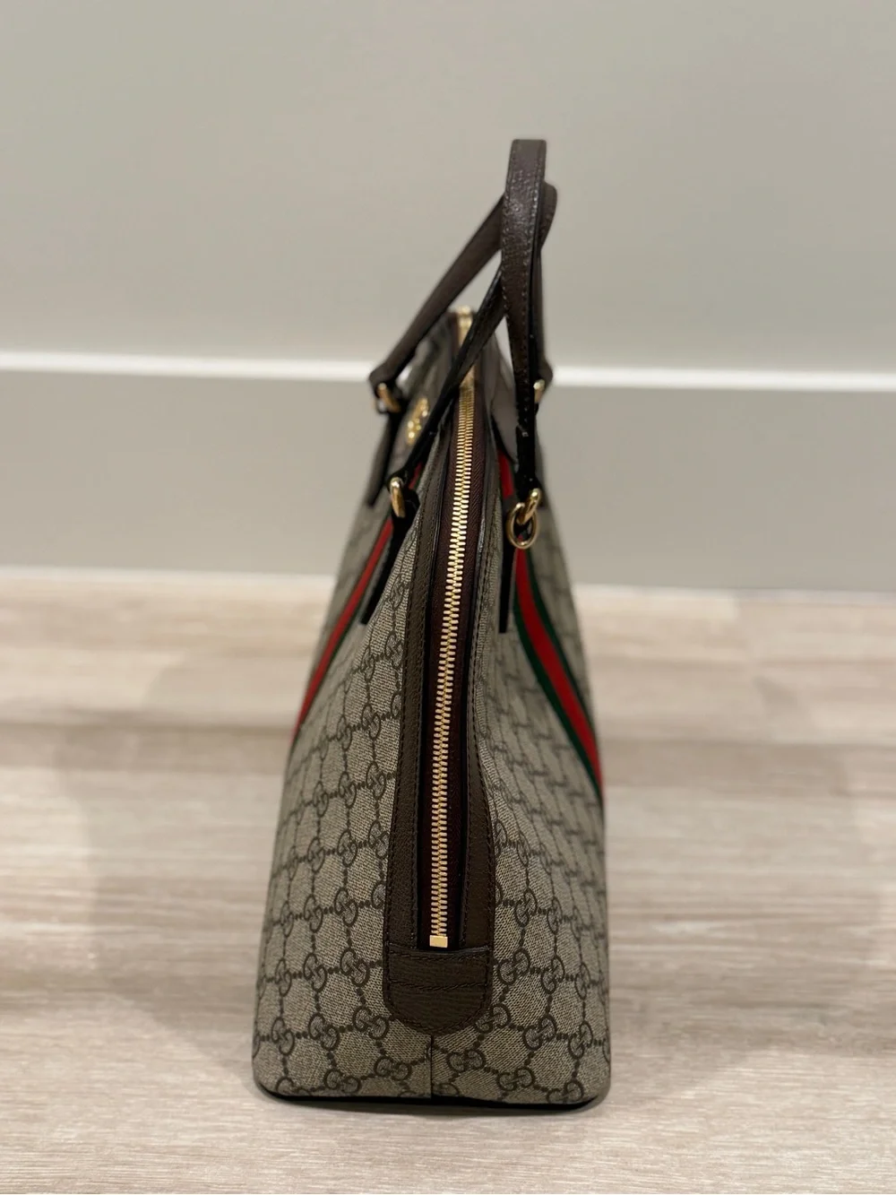 Gucci Brown/Beige GG Canvas Satchel with Green-Red Web Stripe